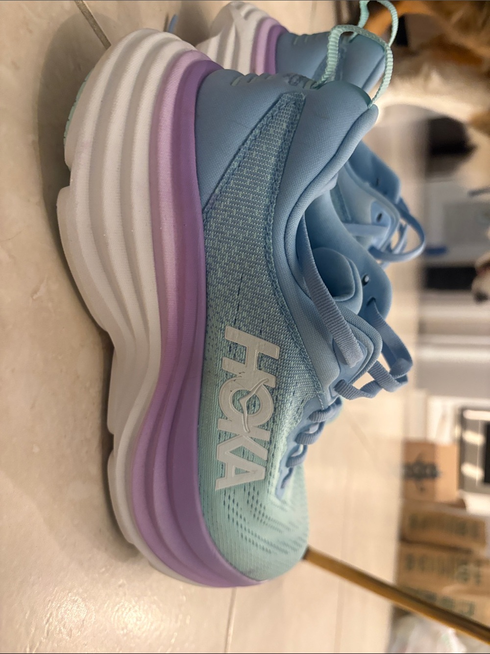 Hoka Women's Bondi 8 Pastel Blue with Lavender Trim Running Sneakers - Picture 2 of 5
